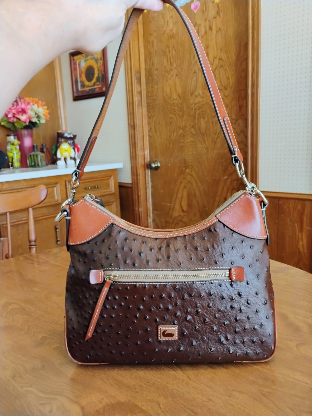 Dooney & Bourke Ostrich In Tmorro/Espresso Leather Zip Pocket Hobo Top Satchel